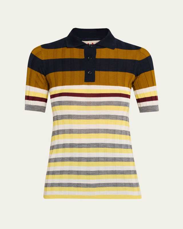 Striped Short-Sleeve Wide Rib Polo Sweater